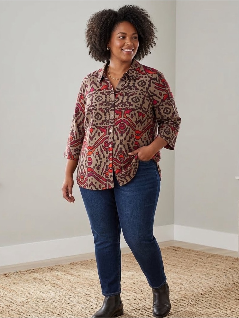 Women’s Printed Button-Front Jacket - Taupe with Red & Pink Accents